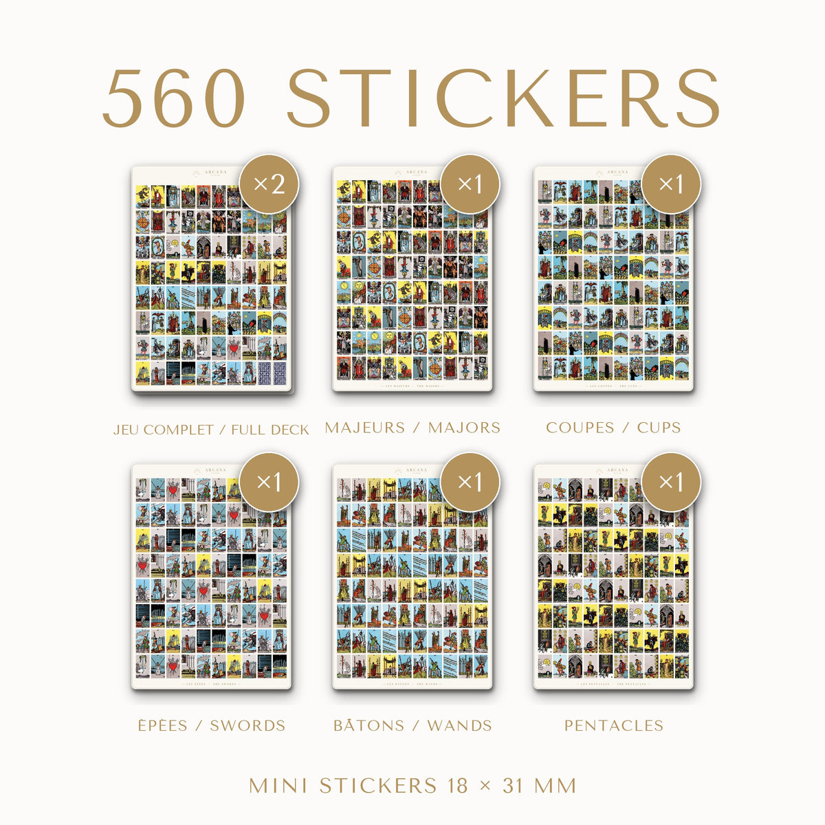 Pack 560 Stickers Tarot Rider-Waite – 7 planches